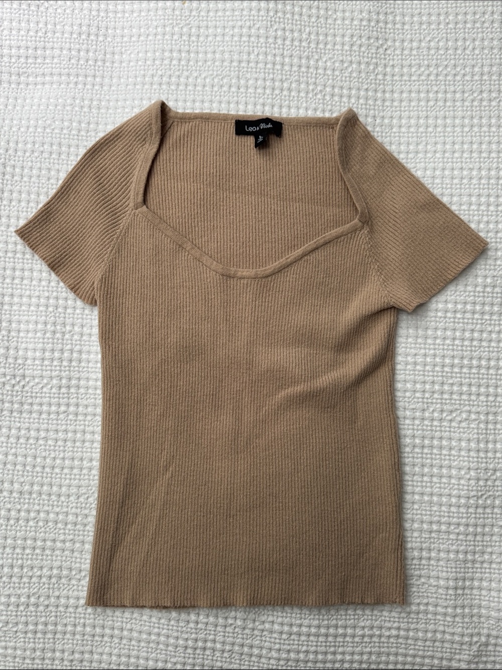 Lea & Viola Short-Sleeve Ribbed Square-Neck Top — Beige/Tan